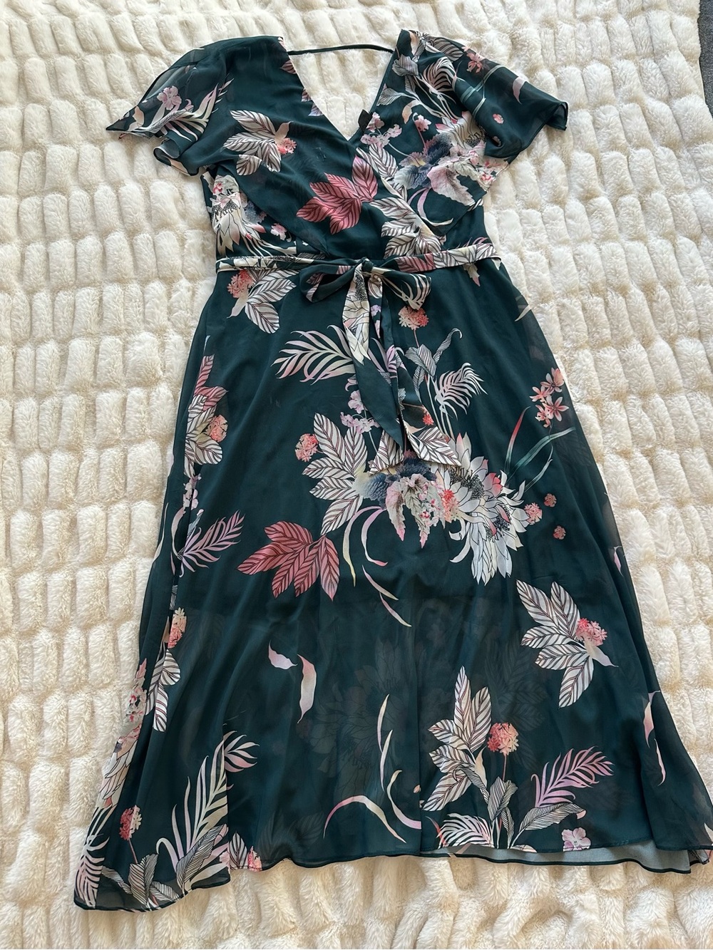 City Chic Floral Chiffon Wrap Midi Dress in Dark Green, Size 14